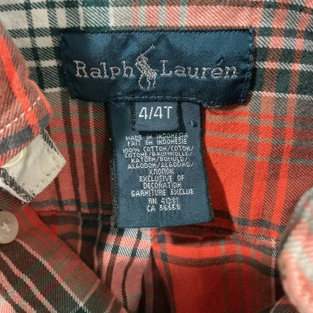 Ralph Lauren Boys Button Down Shirt Lot Of 2 L / S Sz 4 4T Red Blue Plaid Preppy